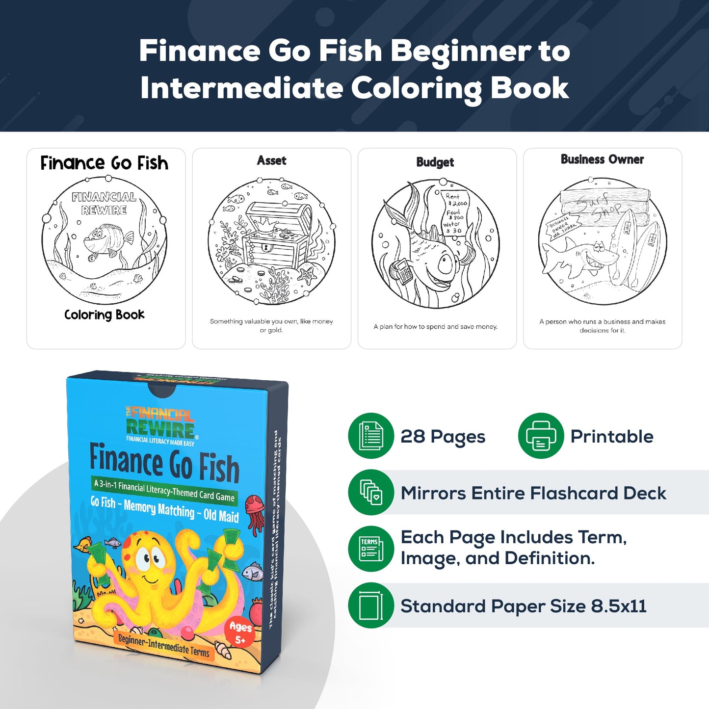 Printable Coloring Book: Finance Go Fish - Beginner to Intermediate 28 Pages
