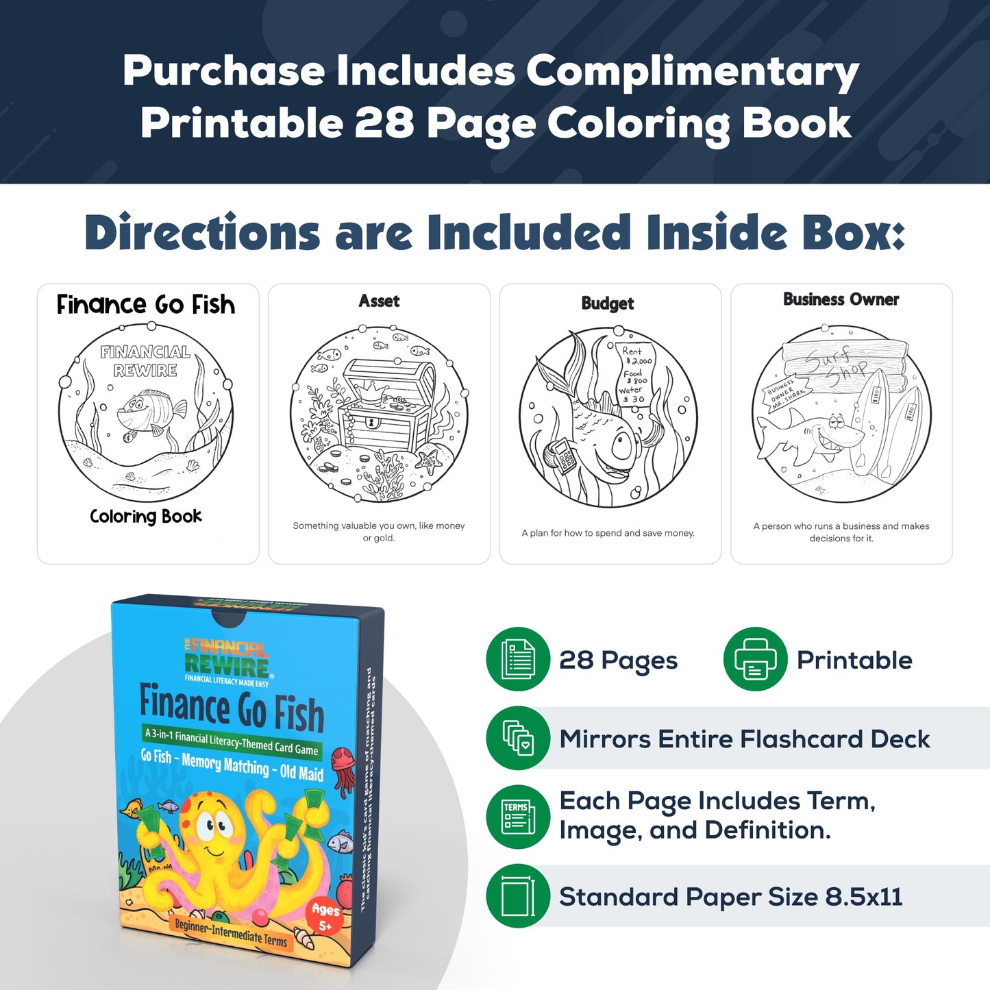 Finance Go Fish – 3-in-1 Financial Literacy Card Game for Kids –(Beginner - Intermediate Terms) Go Fish, Memory, and Old Maid – Includes Card Holder & Digital Coloring Book – Fun Educational Game for Ages 5+