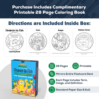Finance Go Fish – 3-in-1 Financial Literacy Card Game for Kids –(Beginner - Intermediate Terms) Go Fish, Memory, and Old Maid – Includes Card Holder & Digital Coloring Book – Fun Educational Game for Ages 5+