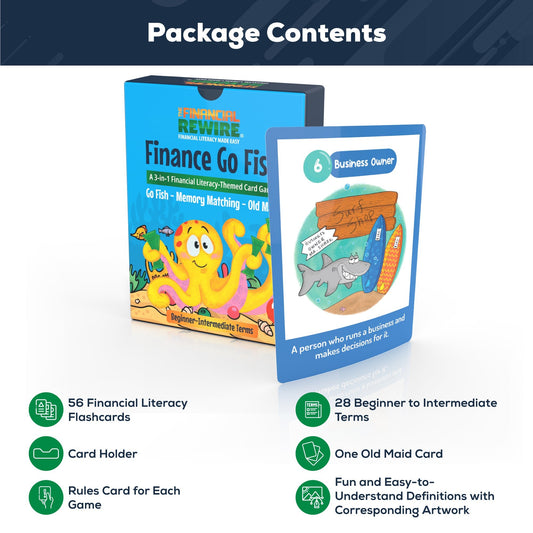 Finance Go Fish – 3-in-1 Financial Literacy Card Game for Kids –(Beginner - Intermediate Terms) Go Fish, Memory, and Old Maid – Includes Card Holder & Digital Coloring Book – Fun Educational Game for Ages 5+