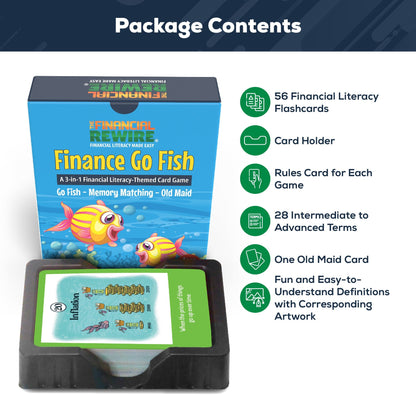 Finance Go Fish – 3-in-1 Financial Literacy Card Game for Kids –(Intermediate to Advanced Terms) Go Fish, Memory, and Old Maid – Includes Card Holder & Digital Coloring Book – Fun Educational Game for Ages 10+