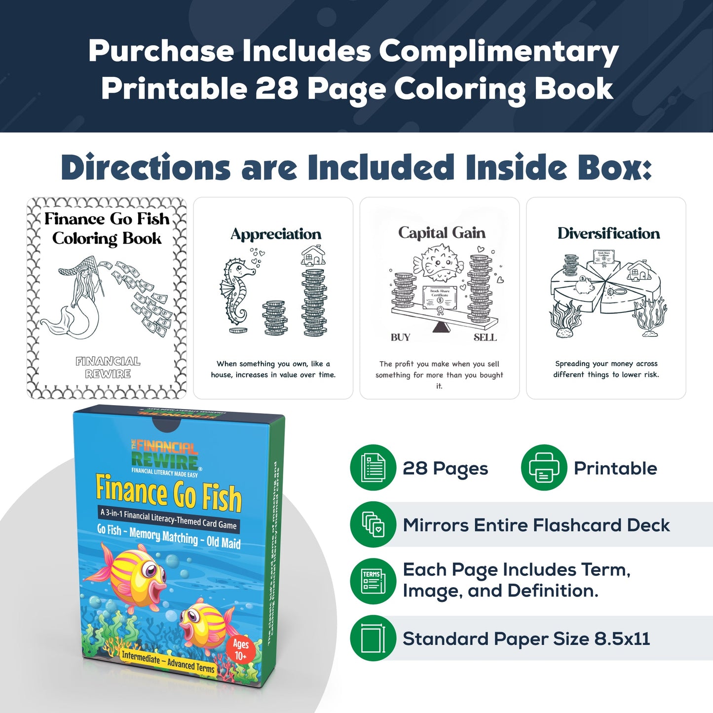 Finance Go Fish – 3-in-1 Financial Literacy Card Game for Kids –(Intermediate to Advanced Terms) Go Fish, Memory, and Old Maid – Includes Card Holder & Digital Coloring Book – Fun Educational Game for Ages 10+