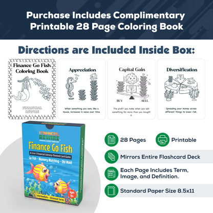 Finance Go Fish – 3-in-1 Financial Literacy Card Game for Kids –(Intermediate to Advanced Terms) Go Fish, Memory, and Old Maid – Includes Card Holder & Digital Coloring Book – Fun Educational Game for Ages 10+