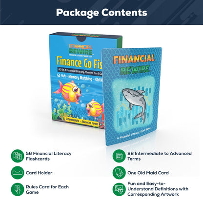 Finance Go Fish – 3-in-1 Financial Literacy Card Game for Kids –(Intermediate to Advanced Terms) Go Fish, Memory, and Old Maid – Includes Card Holder & Digital Coloring Book – Fun Educational Game for Ages 10+
