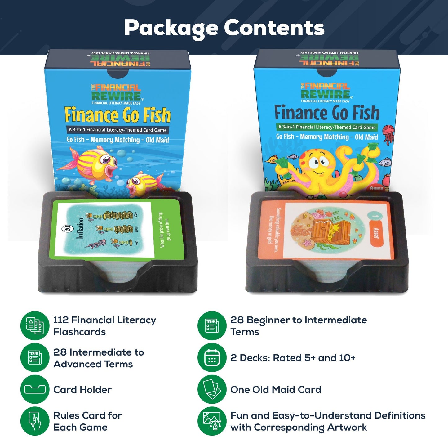 Finance Go Fish Combo Set – 3-in-1 Financial Literacy Card Game for Kids – (Beginner to Intermediate and Intermediate to Advanced Terms) Go Fish, Memory, and Old Maid – Includes Card Holder & Digital Coloring Book – Fun Educational Game for Ages 5+ & 10+