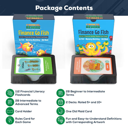 Finance Go Fish Combo Set – 3-in-1 Financial Literacy Card Game for Kids – (Beginner to Intermediate and Intermediate to Advanced Terms) Go Fish, Memory, and Old Maid – Includes Card Holder & Digital Coloring Book – Fun Educational Game for Ages 5+ & 10+