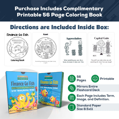 Finance Go Fish Combo Set – 3-in-1 Financial Literacy Card Game for Kids – (Beginner to Intermediate and Intermediate to Advanced Terms) Go Fish, Memory, and Old Maid – Includes Card Holder & Digital Coloring Book – Fun Educational Game for Ages 5+ & 10+