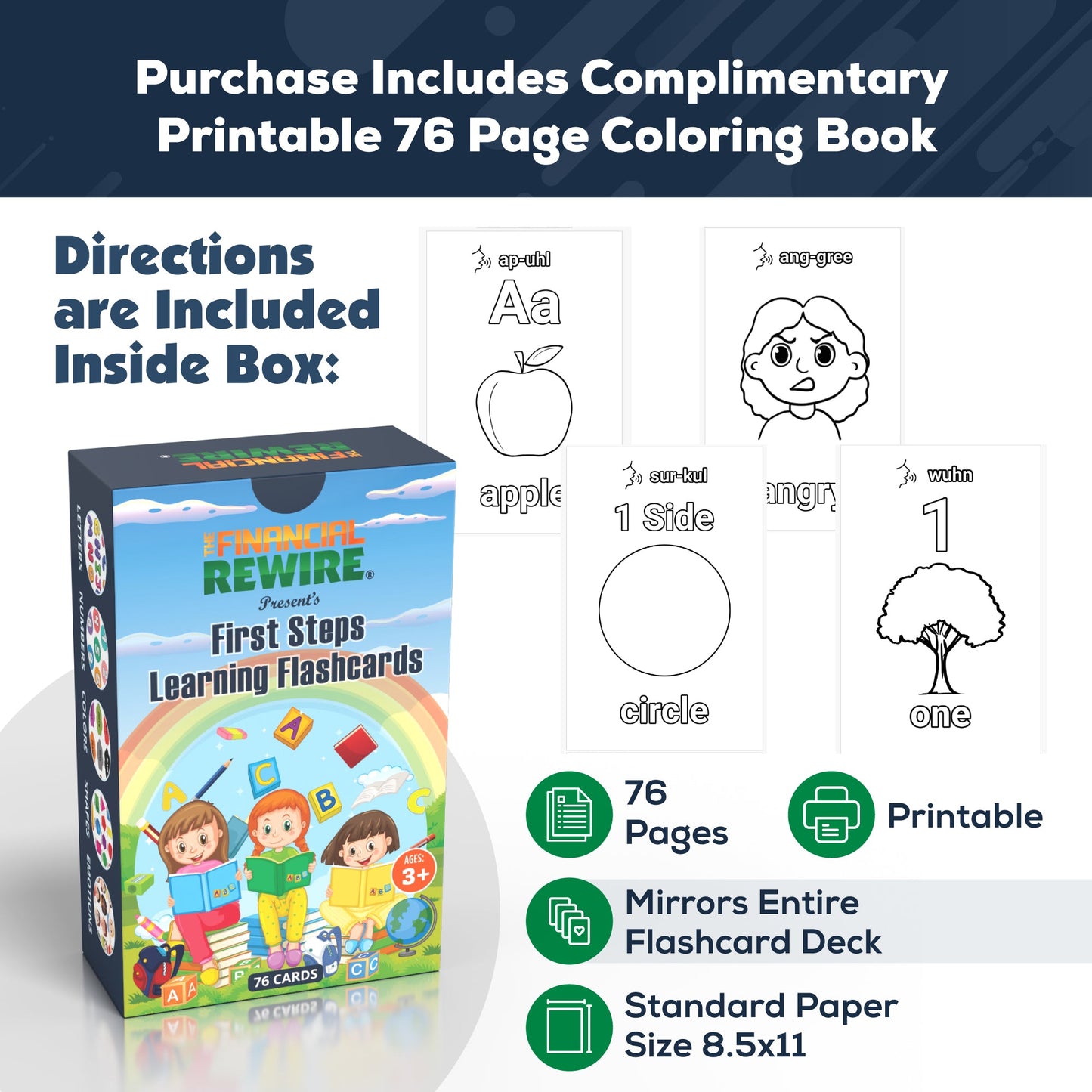 First Steps Learning Flashcards – 76 Cards for Toddlers & Kids – Letters, Numbers, Colors, Shapes & Emotions – Early Learning Tool for Ages 3+