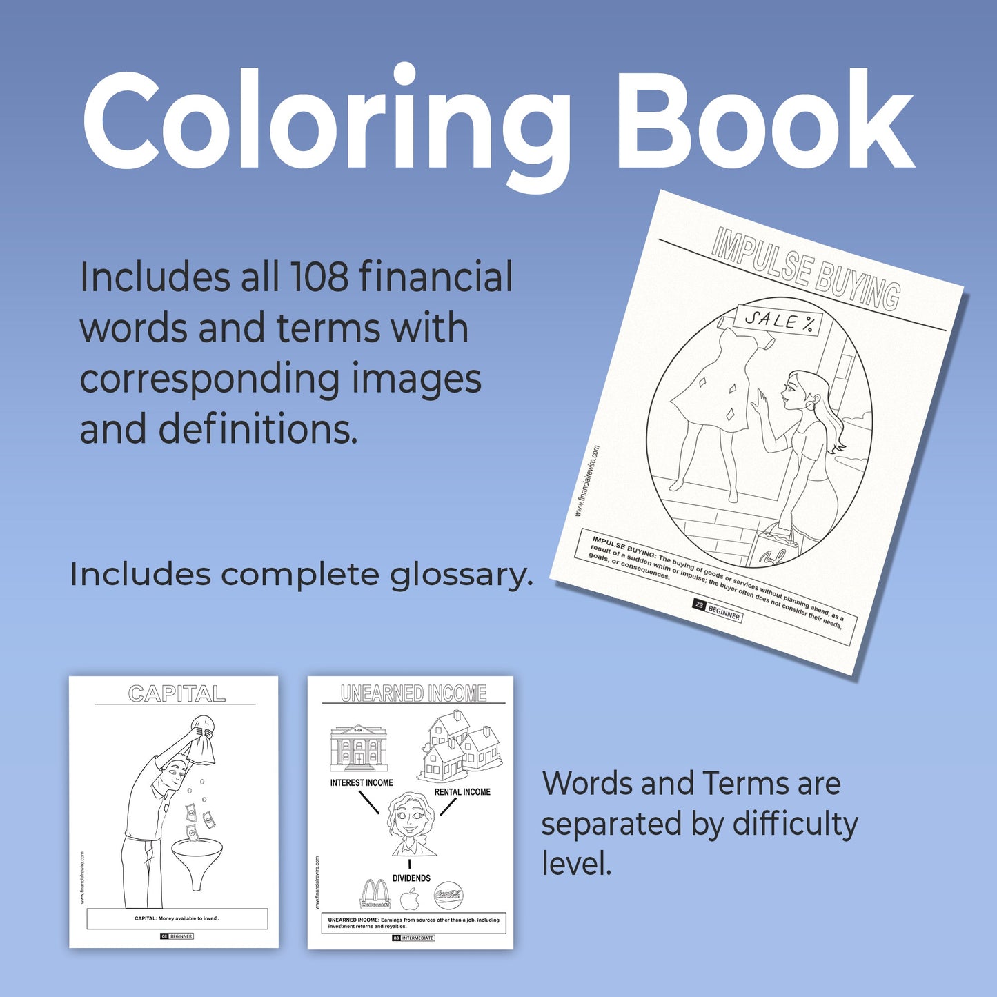 Printable Coloring Book: 100 Financial Literacy Words and Terms Every Child Should Know- 113 Pages