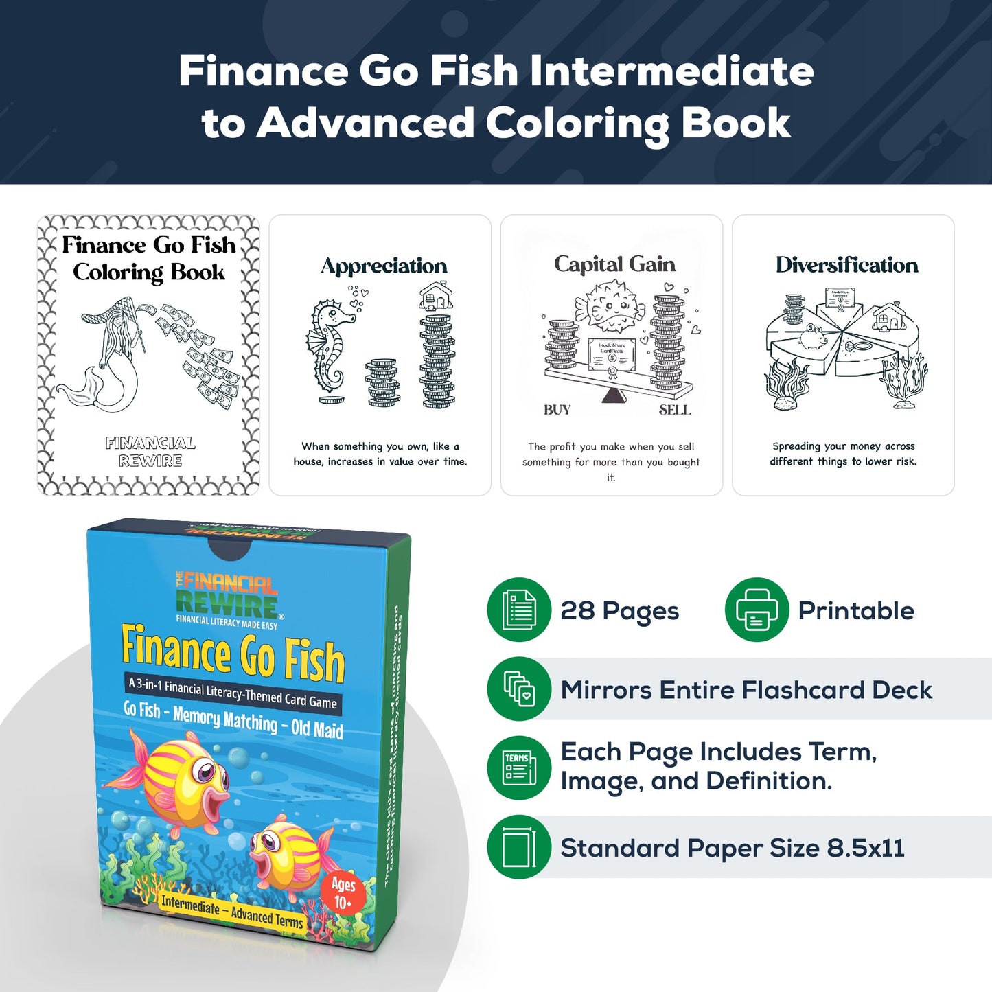 Printable Coloring Book: Finance Go Fish - Intermediate to Advanced 28 Pages